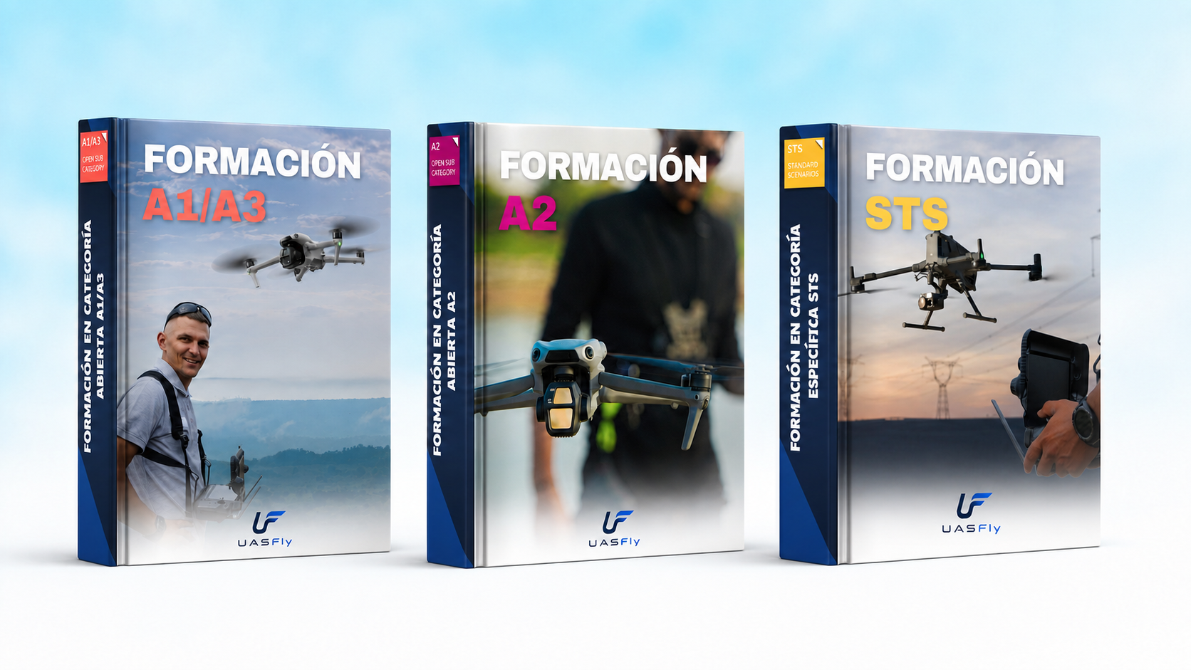 Portadas de las formaciones A1/A3, A2 y STS del pack Fly Combo Completo