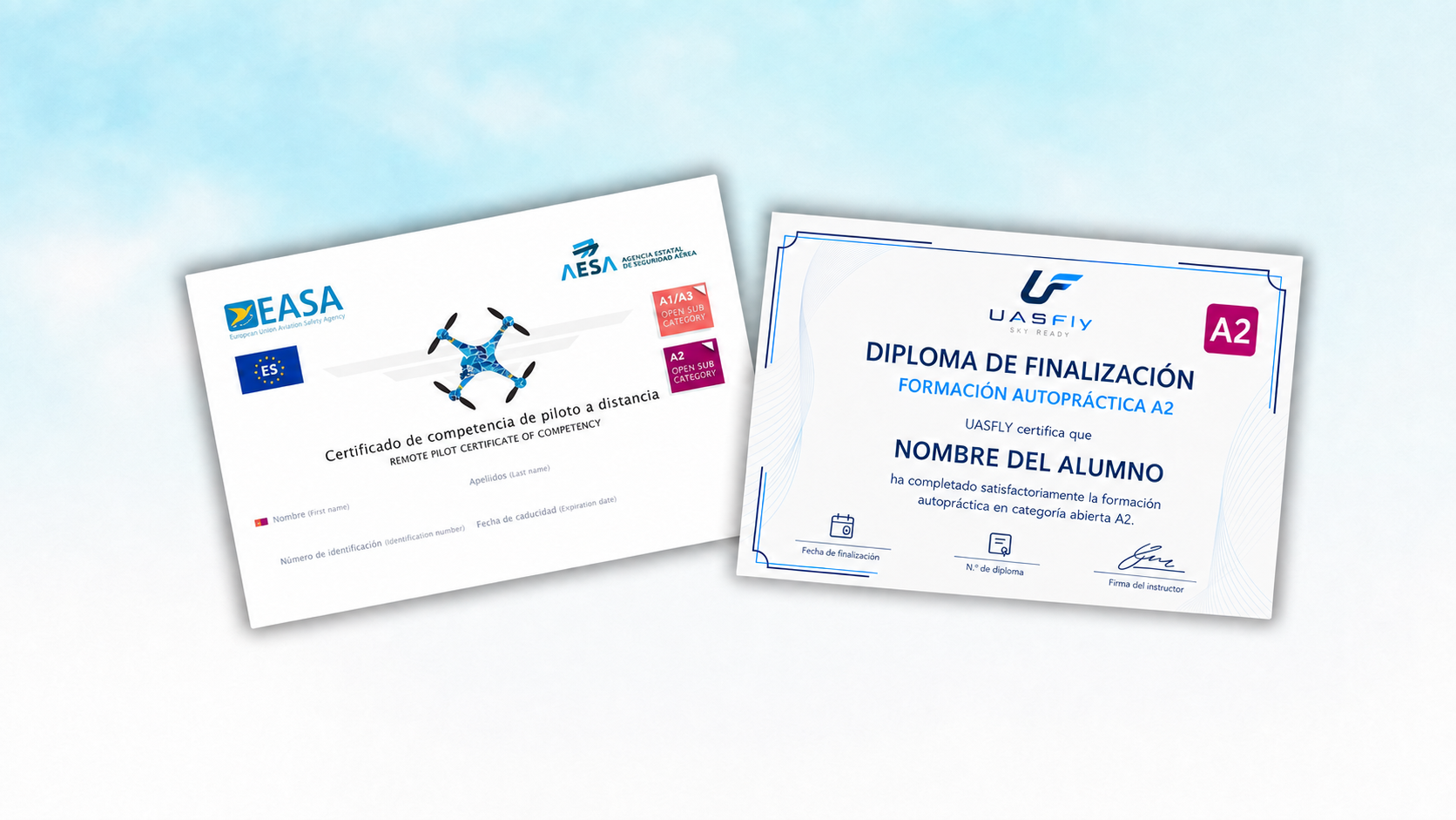 Diplomas y certificados de formación A1/A3 y A2 de UASFly