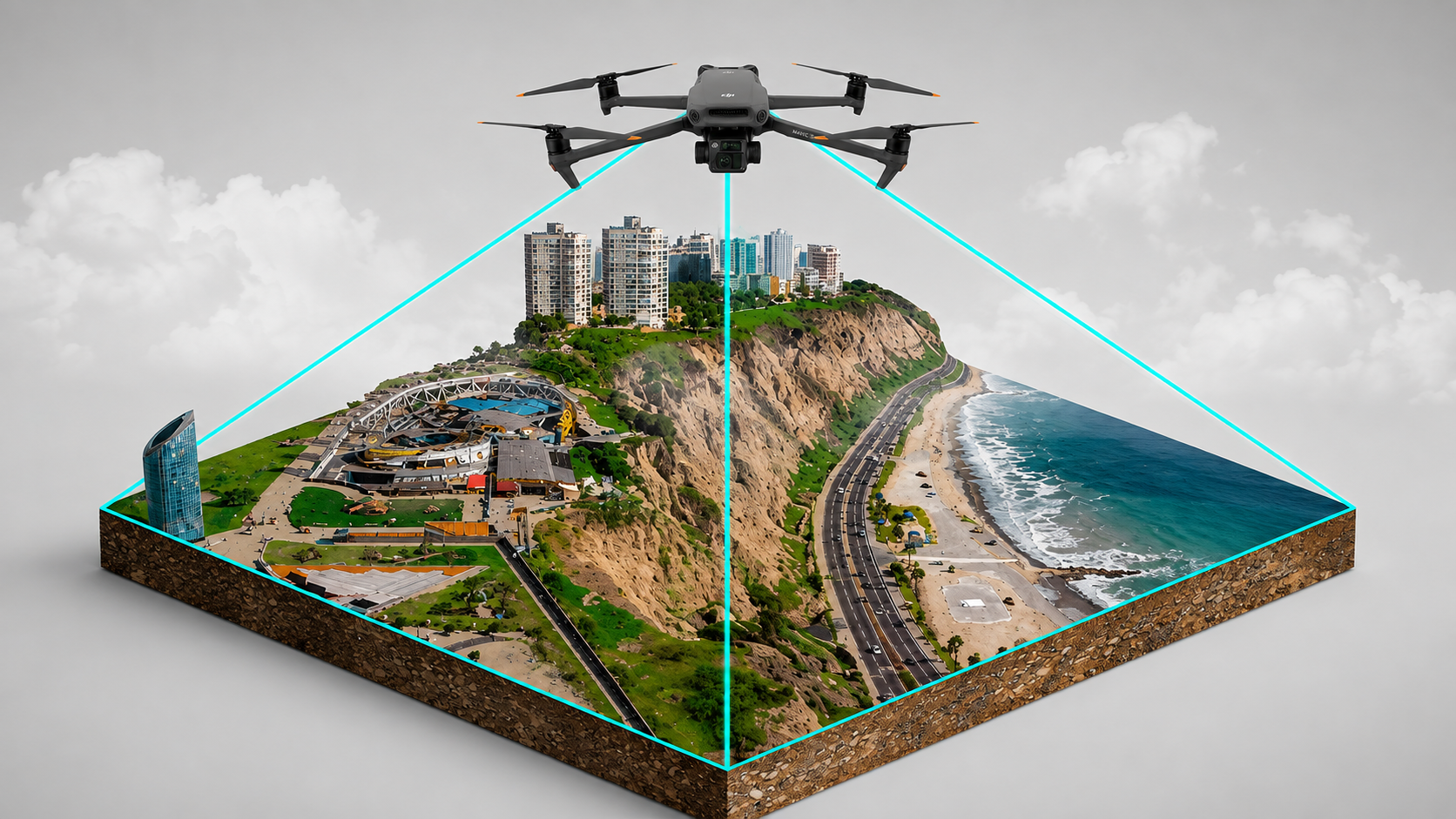 Dron levantando un modelo 3D de un entorno urbano y costero