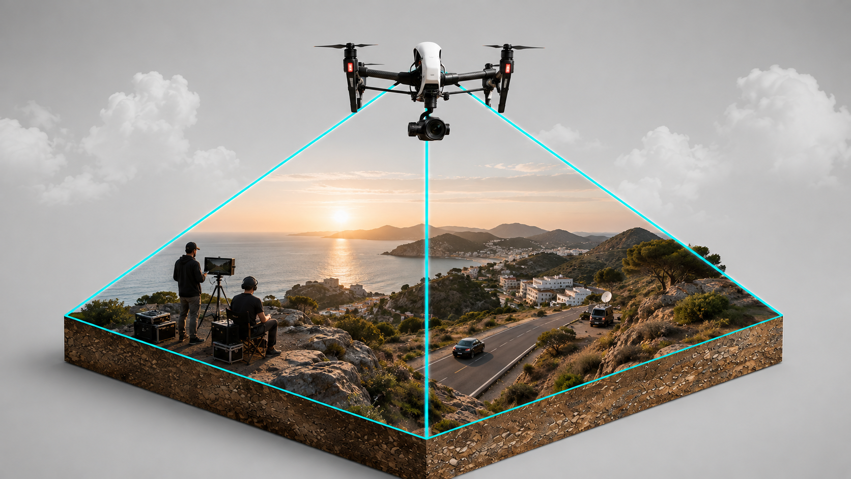 Equipo audiovisual grabando con dron sobre un paisaje costero