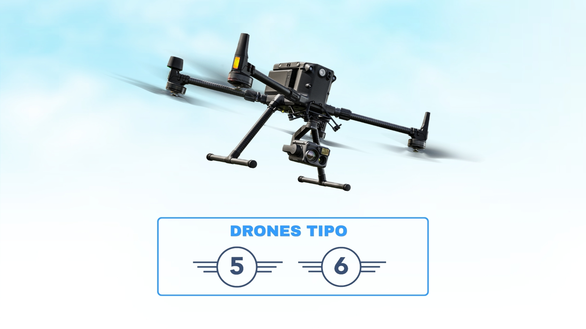Dron de gran tamaño en vuelo con la indicación de drones tipo 5 y 6