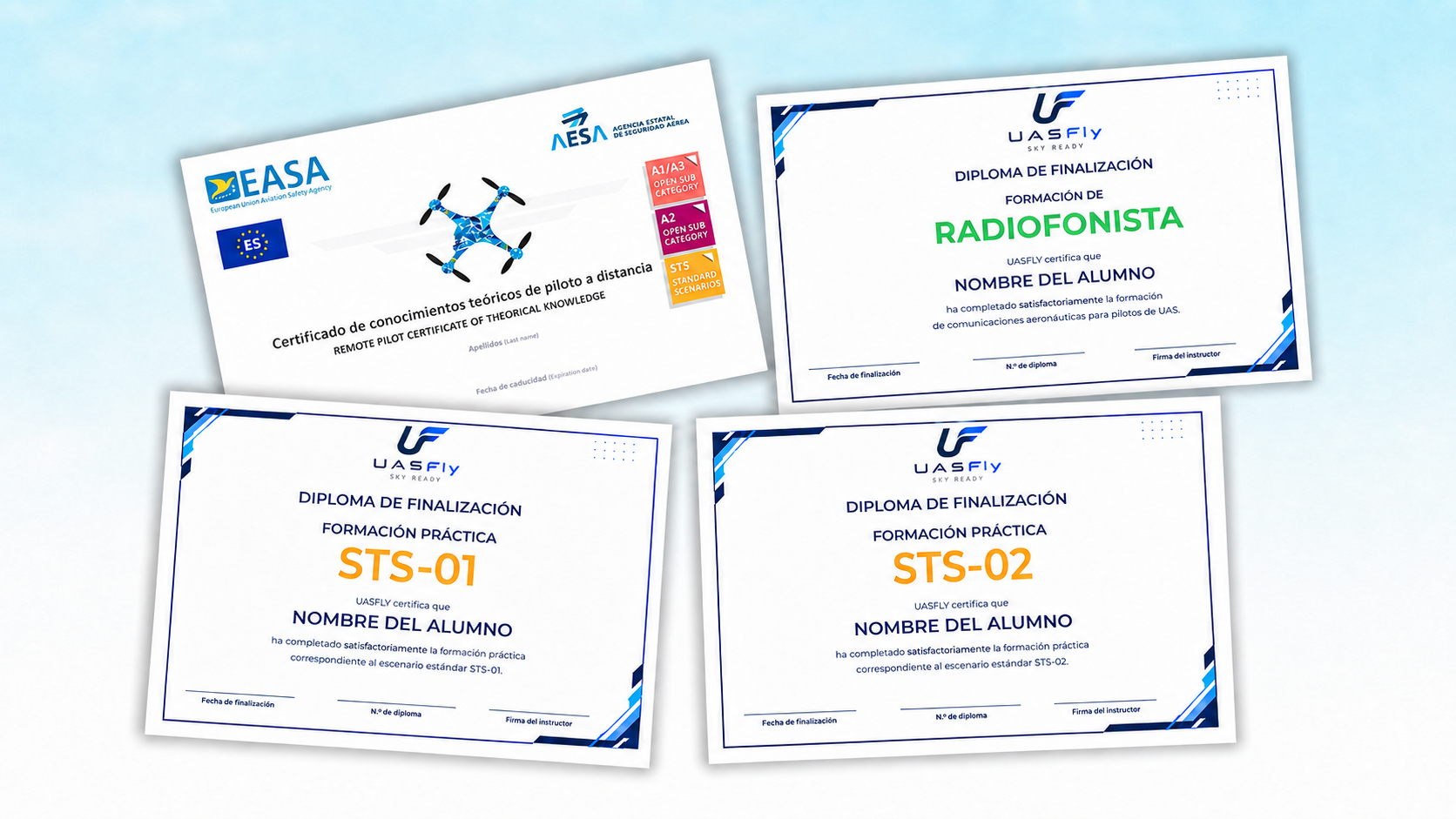 Certificados y diplomas de formación A1/A3, A2, STS, STS-01, STS-02 y Radiofonista UAS de UASFly