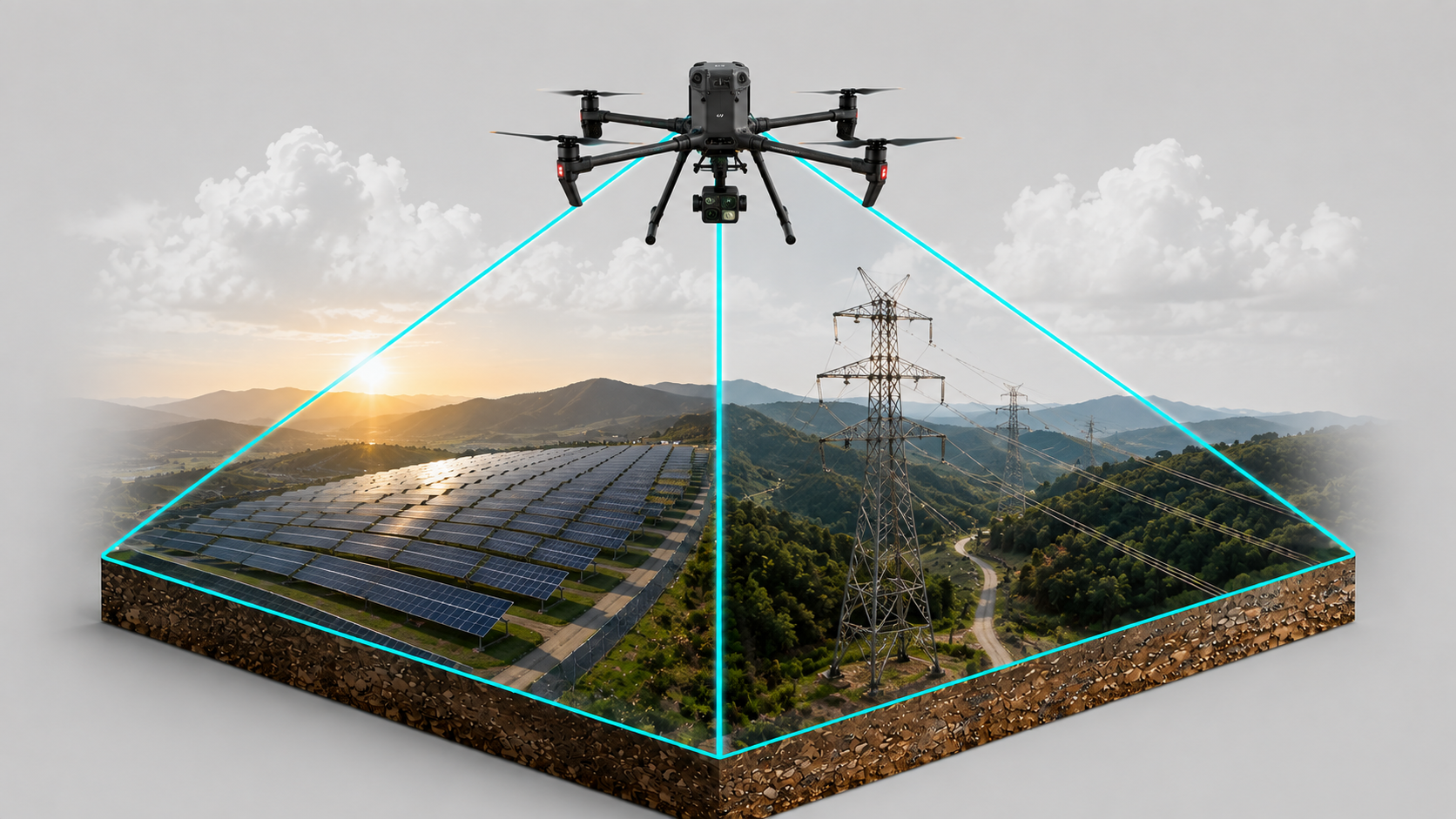 Dron inspeccionando una planta solar y torres de alta tensión