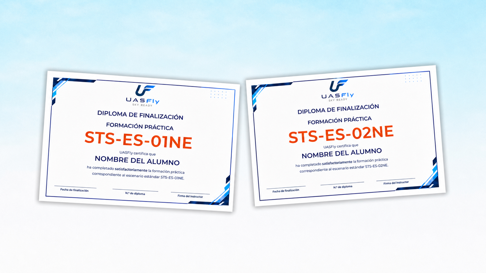 Diplomas de finalización de UASFLY para formación práctica STS-ES-01NE y STS-ES-02NE
