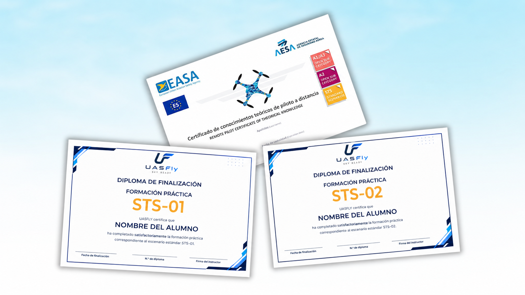 Certificados y diplomas de formación A1/A3, A2 y STS de UASFly