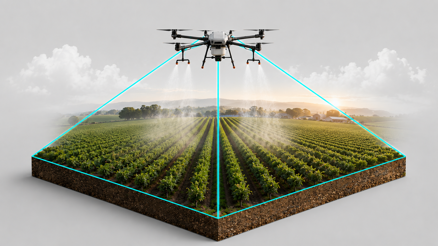 Dron agrícola pulverizando un viñedo al amanecer