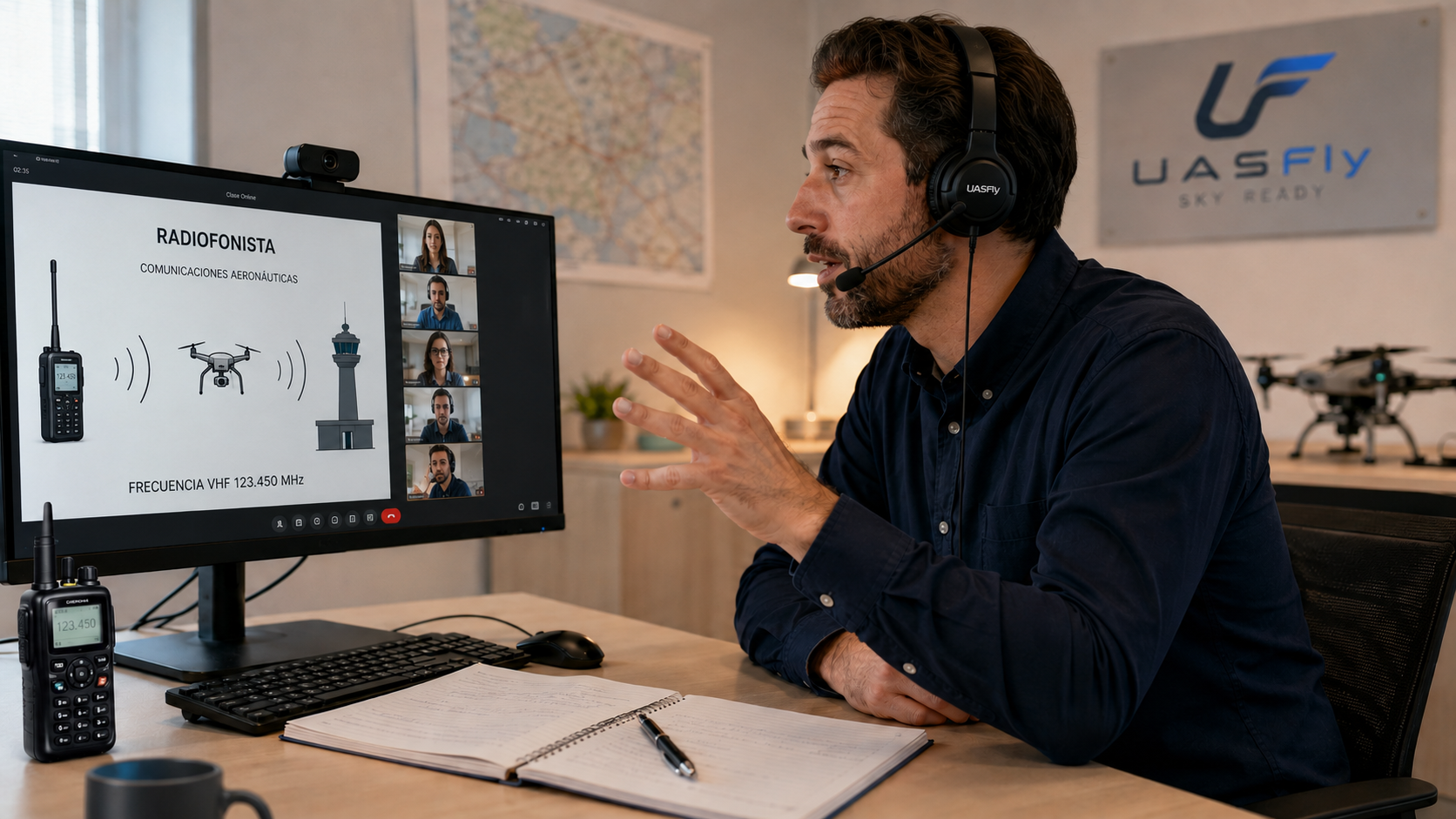 Instructor UASFly impartiendo clase online de Radiofonista UAS con equipos de comunicación aeronáutica